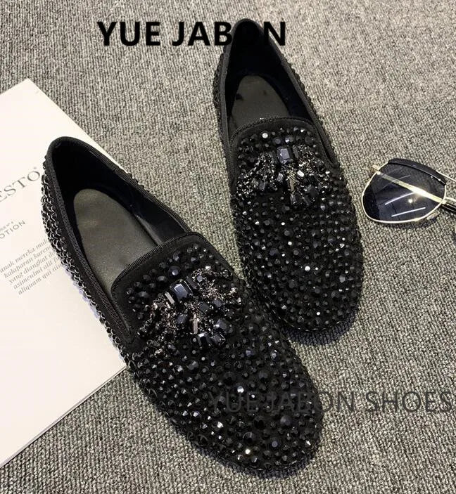 Visco New Fashion Men Rhinestone Shoes British Men's Flats Smoking Slippers Men Loafers Dress Shoes Black Casual Shoes Gladiator Mens