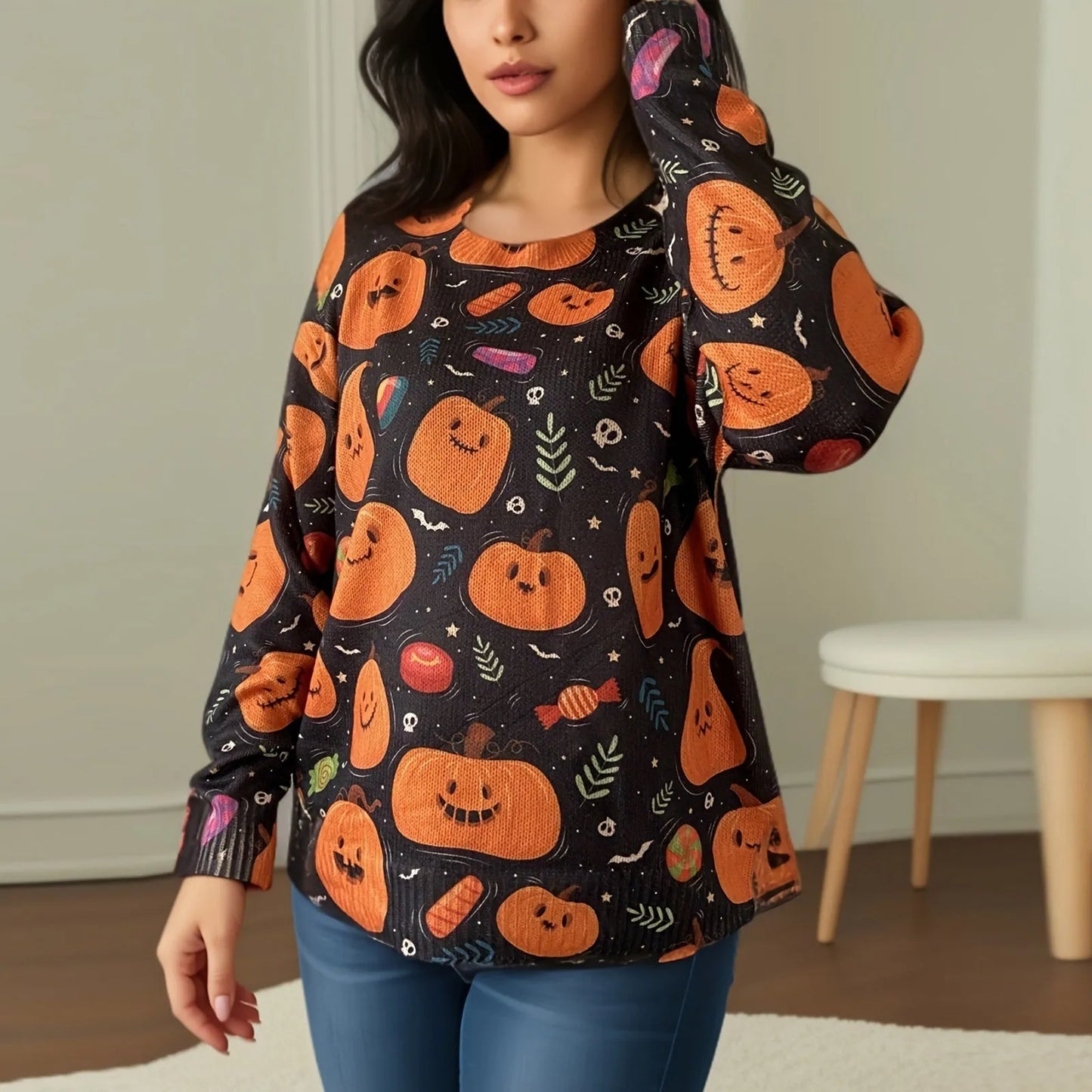 Women's Halloween Pumpkin Print Playful Long Sleeve Pullover Sweater New Season Casual Loose Fit Boys Dressy Sweater Year