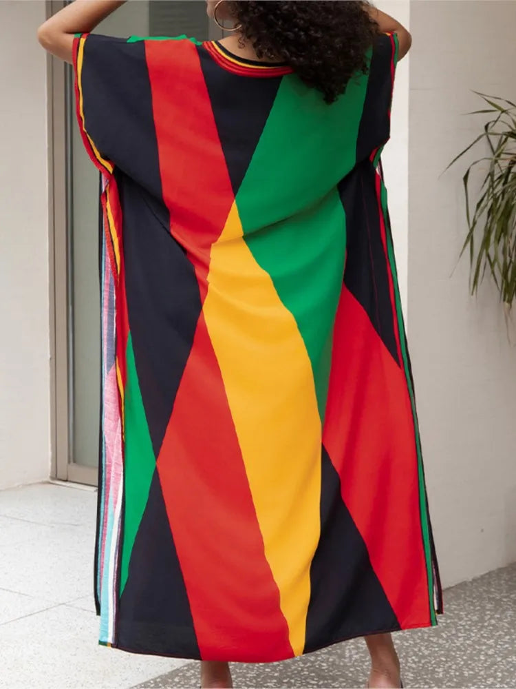 Maxy Women Beach Color Colorful Printed Long Dress Fashion Swimwear Summer Holiday Bohemian Maxy Dresses Bathing Suits