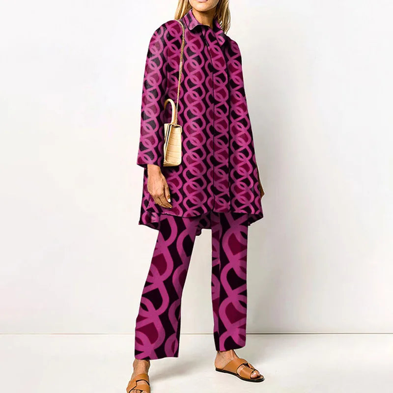 Maxy Autumn New Loose Vintage Printed Pant Sets Women Long Sleeve Shirts And Wide Legs Trousers Two Piece Set Fashion Streetwear