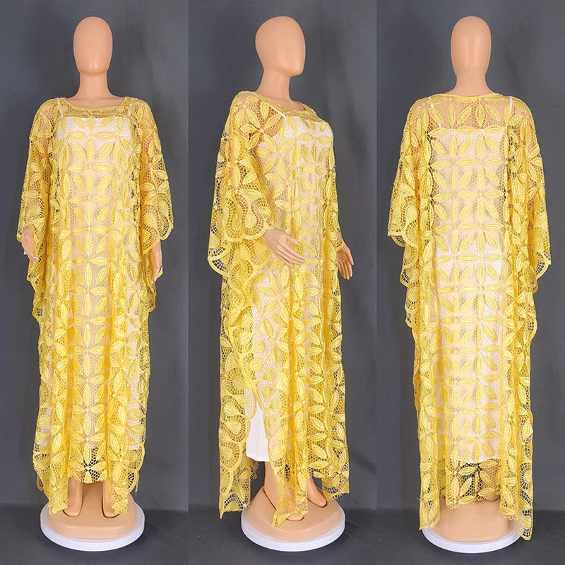 Summer Elegant African Women O-neck Pink Yellow Blue Plus Size Long Dress Lace African Robes Abaya African Dresses for Women