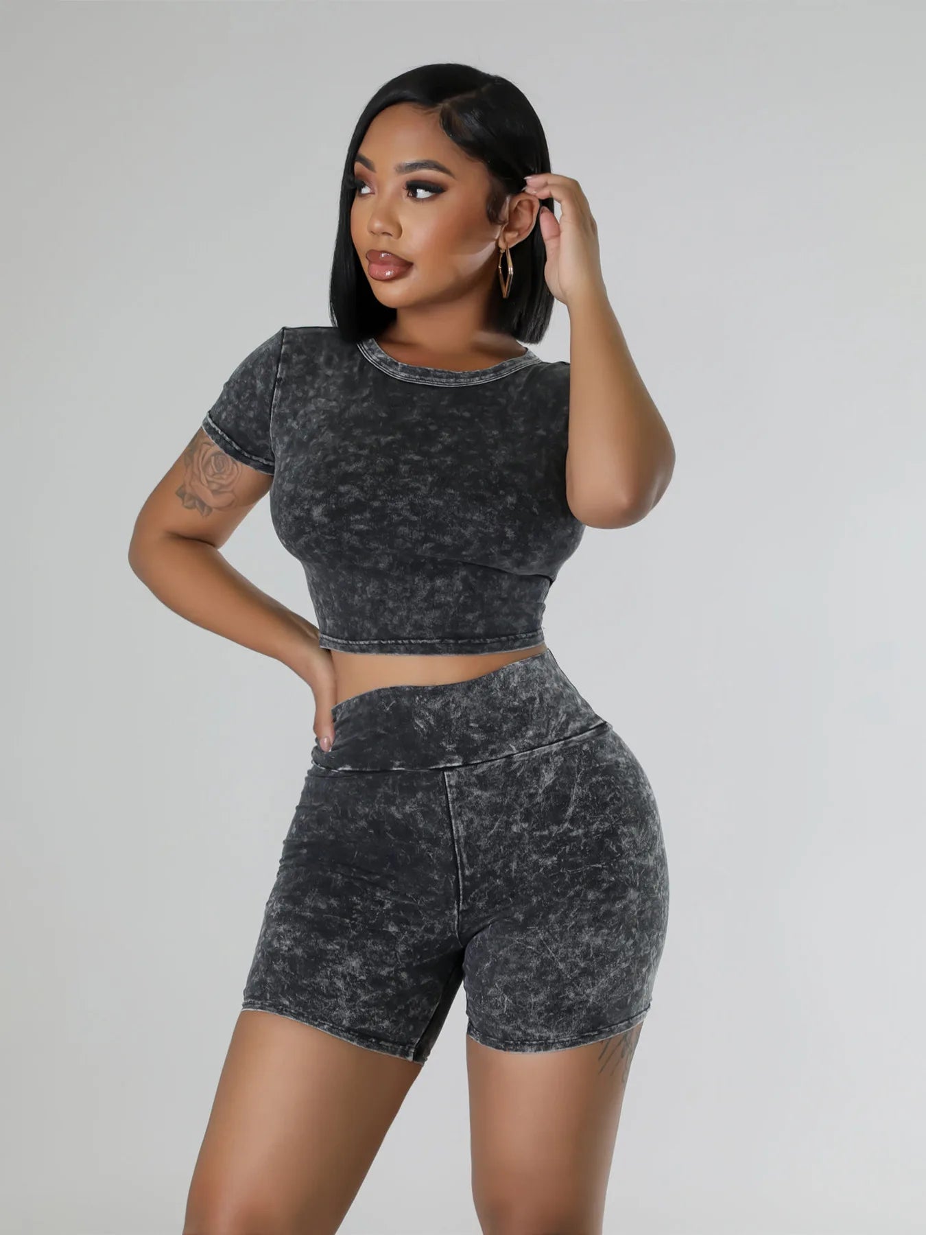 Maxy Acid Washed Women 2 Piece Set Fitness Short Sleeve Crop Top Skinny Biker Shorts Matching Set 2024 Summer New Fashion Tracksuits