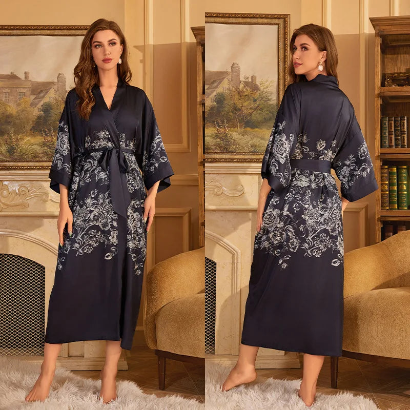 Maxy Japanese Style Half Sleeve Kimono Bathrobe Gown Female Long Robe Nightgown Sleepwear Loose Satin Print Flower Home Dressing Gown