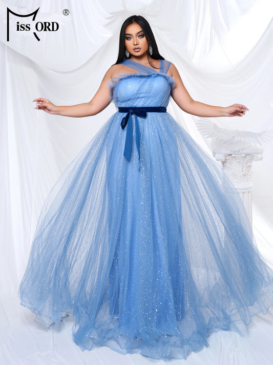 Maxy Plus Size New Blue Off Shoulder A Line Mesh Evening Gown Wedding Bridal Banquet Party Floor Length Prom Birthday Dress
