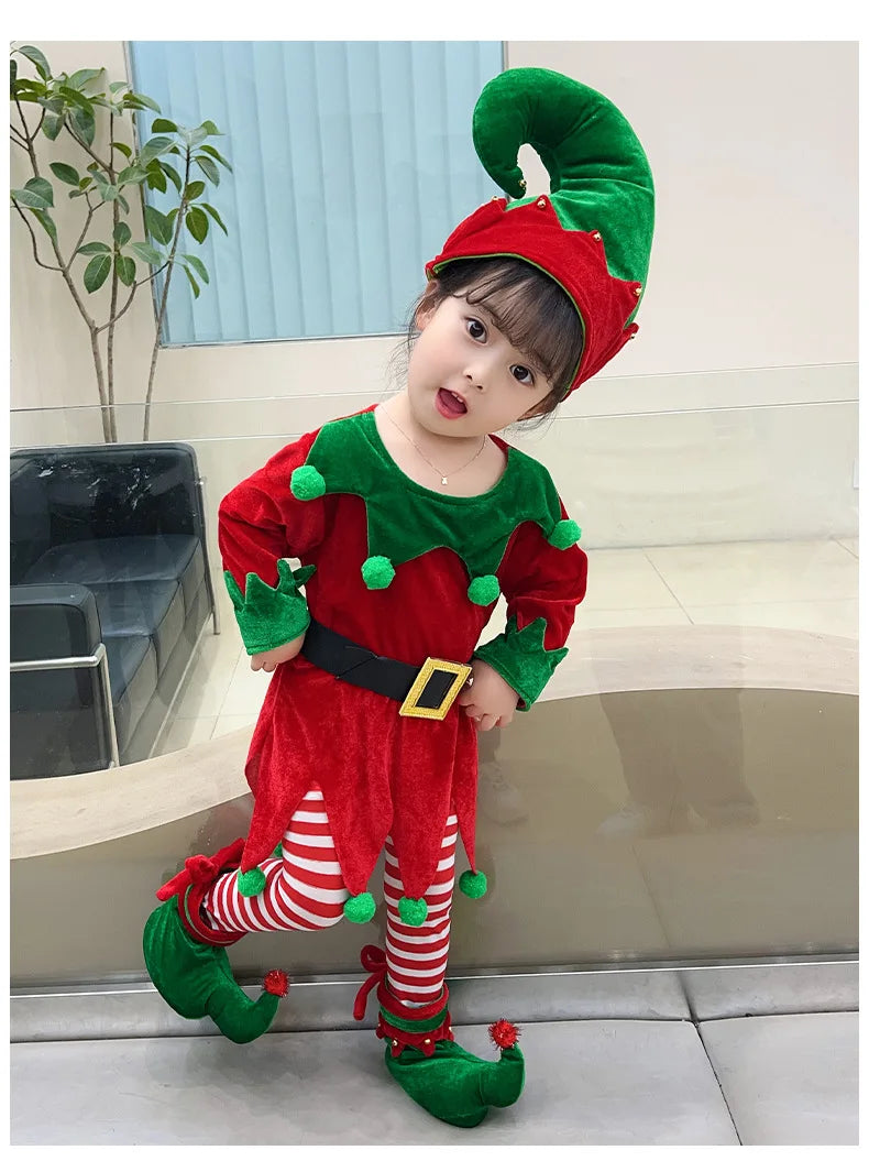 Maxy Costume For Kids Girl Green Santa Claus Suit Set with Hat Children Fancy Christmas Party Dress Set Performance