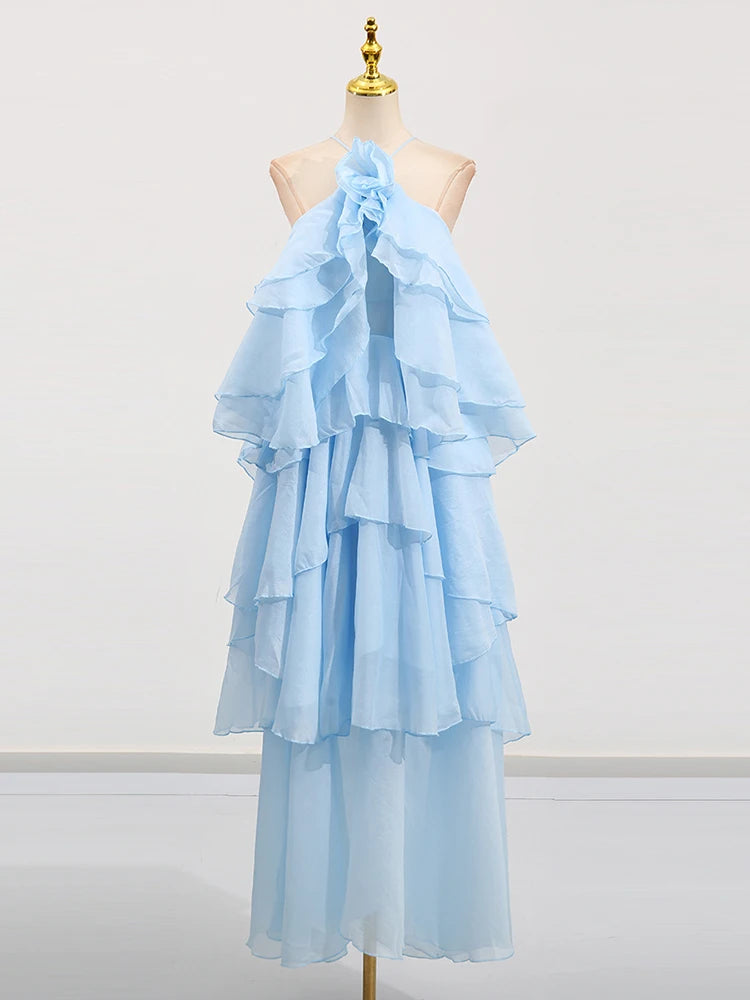 Maxy TWOTWINSTYLE Solid Spliced Ruffles Elegant Dresses for Women Halter Sleeveless High Wasit Backless Loose Dress Female Fashion