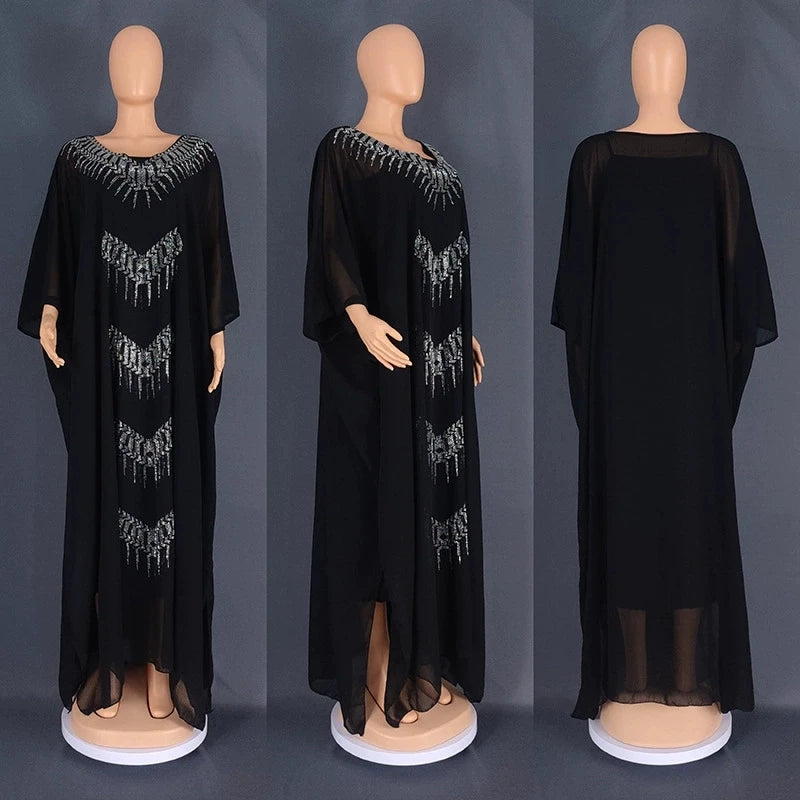 Maxy Ramadan Moroccan Muslim Luxury Fashion Robe Women's Wear African Large Fat Mask Robe Hot Diamond Two Piece Dress Set