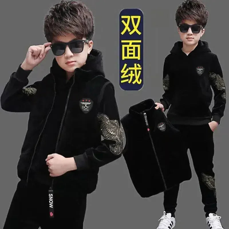 Maxy 2024 Winter Boys tracksuit Autumn Toddler Teenager Clothes Warm velvet jacket + Sweater + Pant Children Kids 8 9 10 11 12 year