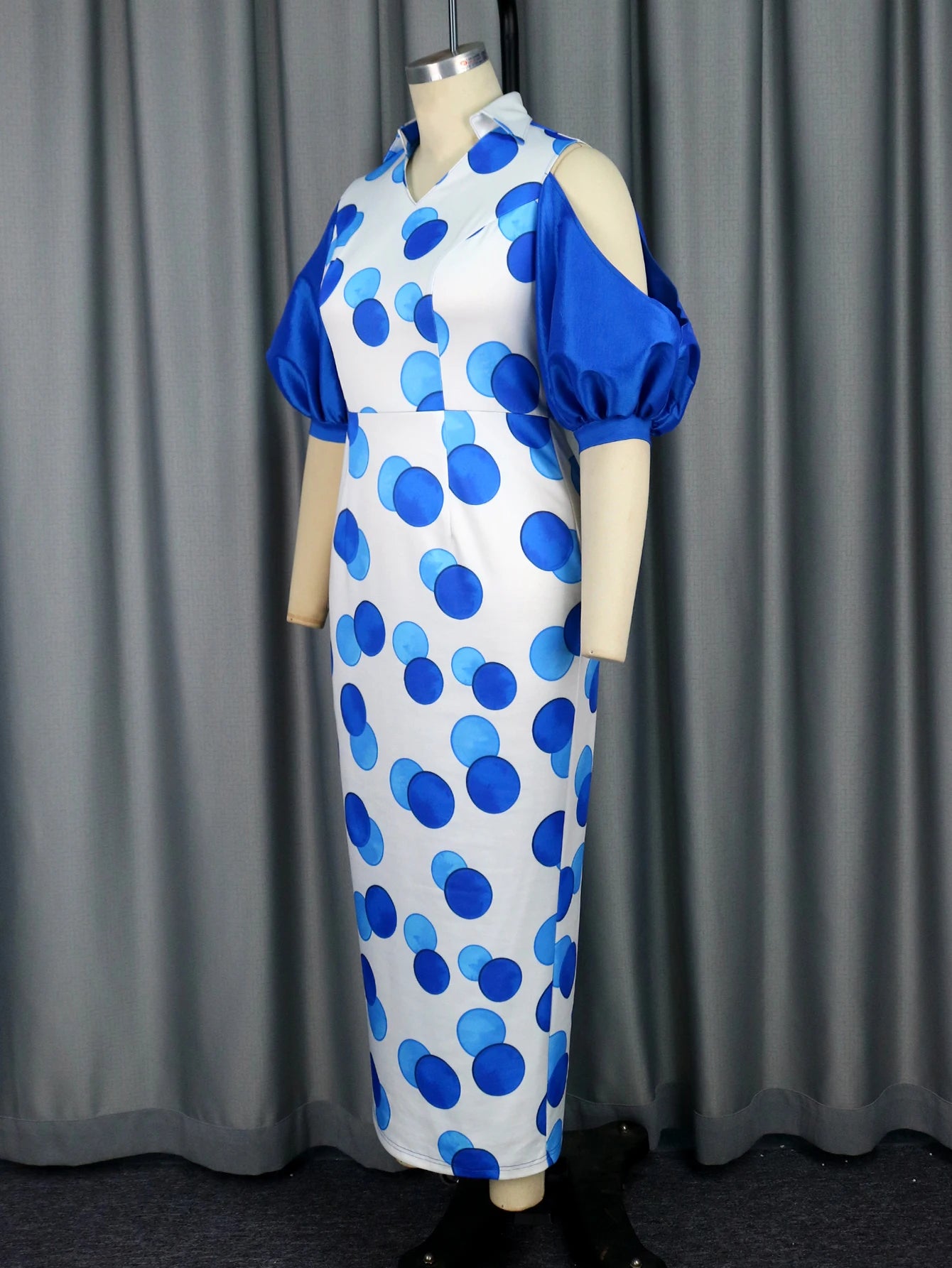 Babs Blue Bodycon Dresses V Neck Cut Out Lantern Sleeve Blue Polka Dot Patchwork Ankle Length Evening Event Party Gowns Dress