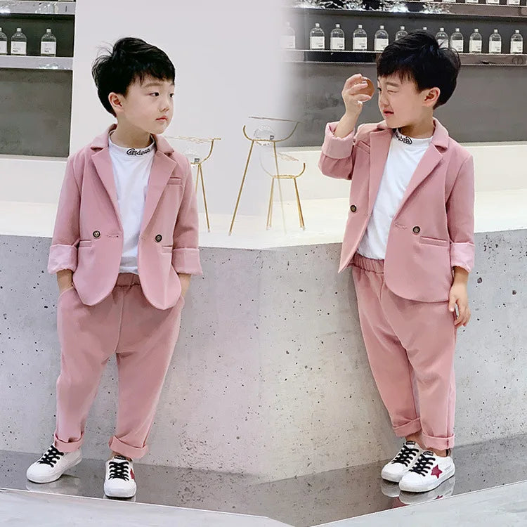 Maxy Teenager Boys Pink Black Jacket Pants 2Pcs Clothing Set Gentleman Kids Formal Wedding Suit Children Performance Graduation Dress