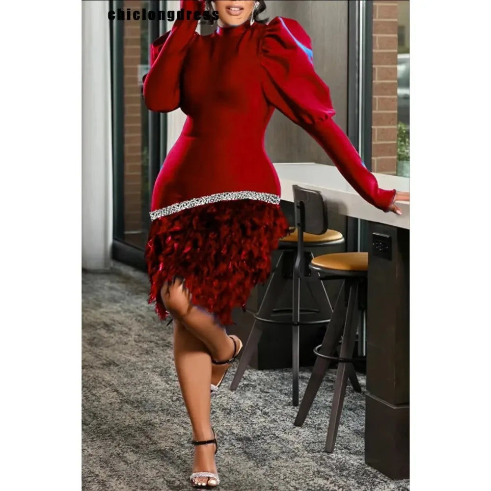 Babs Autumn Winter Elegant Feather Party Dress African Women Fashion Solid Bubble Sleeves Slim Glitter Feather Evening Dress Women