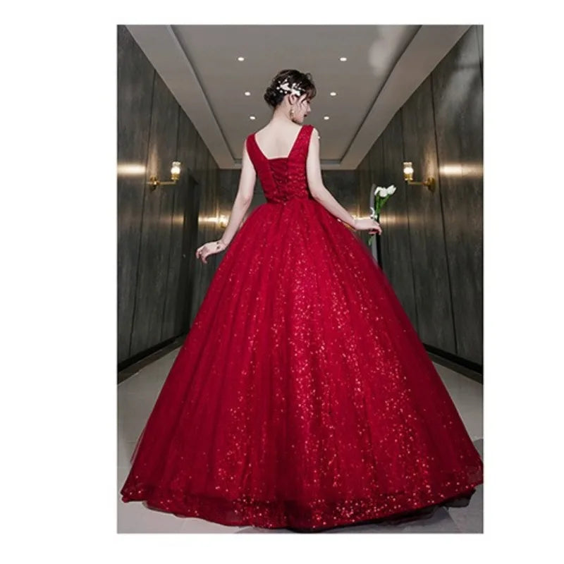 Maxy New Women's Wine Red Embroidered Decal Evening Dress Fashionable Slimming Banquet Art Exam Stage Grand Display Dress