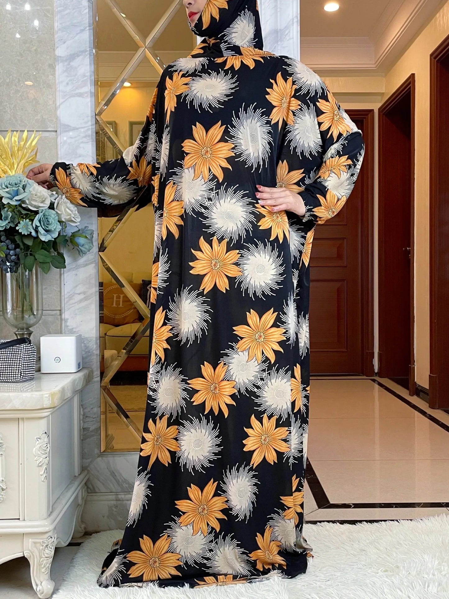 Maxy Muslim Women Hooded Turkey-African Prayer Garment Kaftan Dress With Hijab Floral Prints Dubai Saudi Robe Ramadan