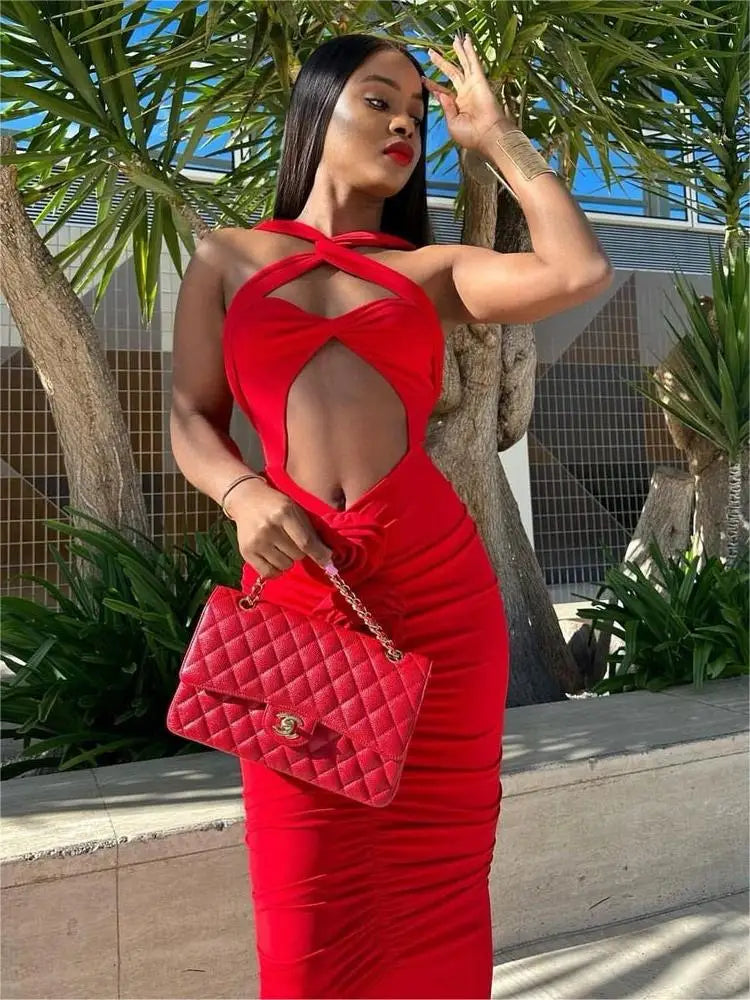 Women Red Party Dress Runway Fashion Crisscross Neck Cut Out Aplliques Pleated Maxi Long Celebrity Evening Birthday Prom Gowns