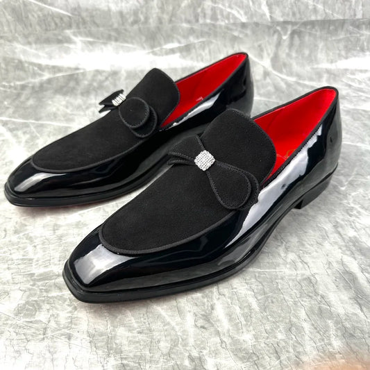 Visa High Quality Bowtie Dress Loafers Black Patent Leather Shoes For Man Fashion Rhinestone Shoes Men's Party And Wedding Shoes