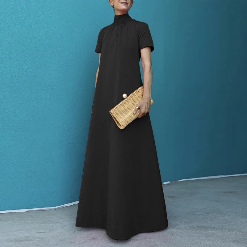 Maxy Summer High Collar Kleid Robes Casual Loose Party Long Dresses Women Short Sleeve Maxi Dress Elegant Solid dress