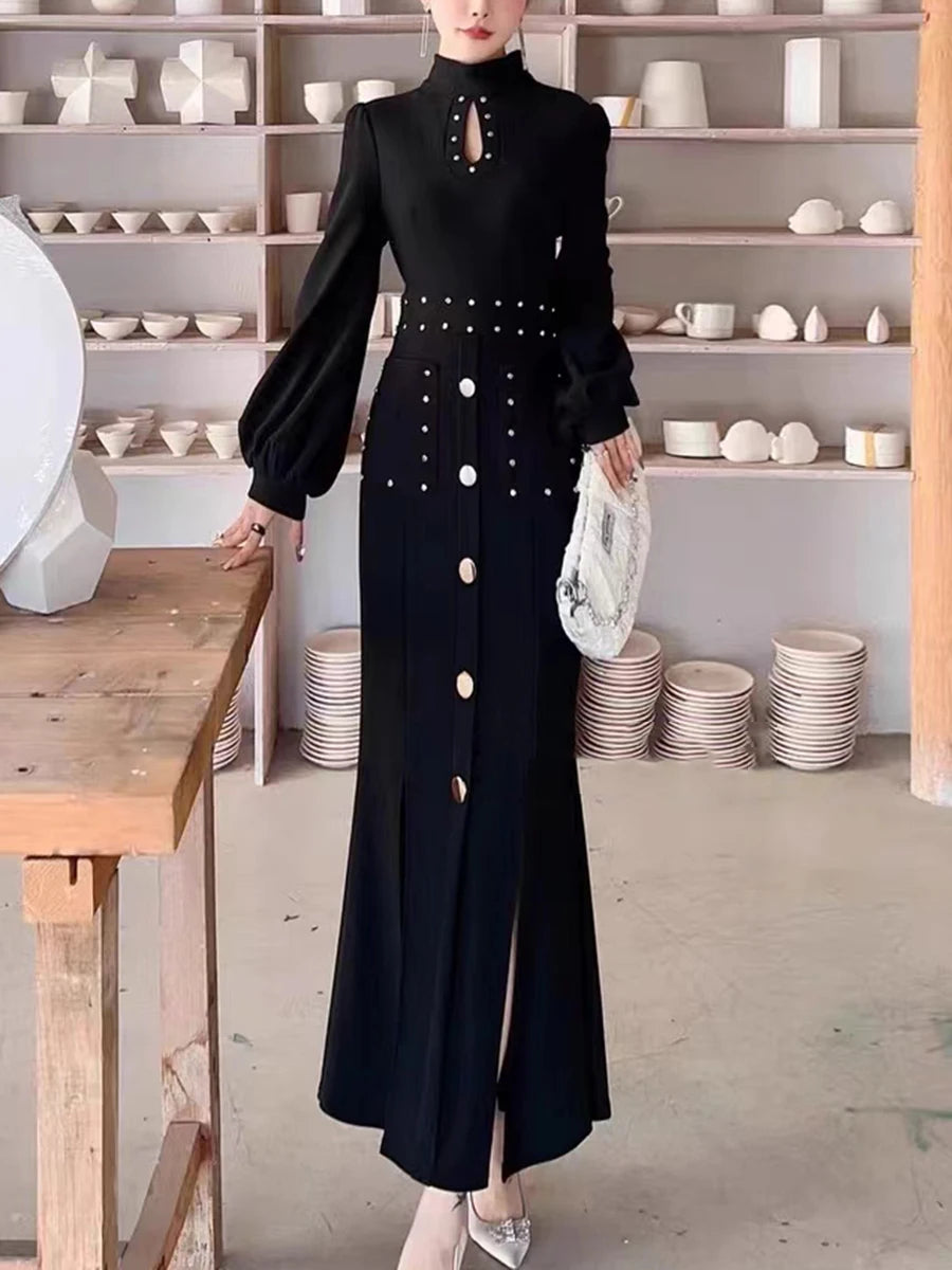 Amay Retro Solid Patchwork Rivet Dress for Women Stand Collar Hollow Out Lantern Sleeve High Waist Split Long Dresses Female