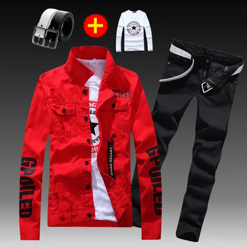 Visco Men's Slim Fit Denim Jacket Pants 2pcs Set Long Sleeve Coats Letters Printed Casual Large Size Black White Red Boys Trousers