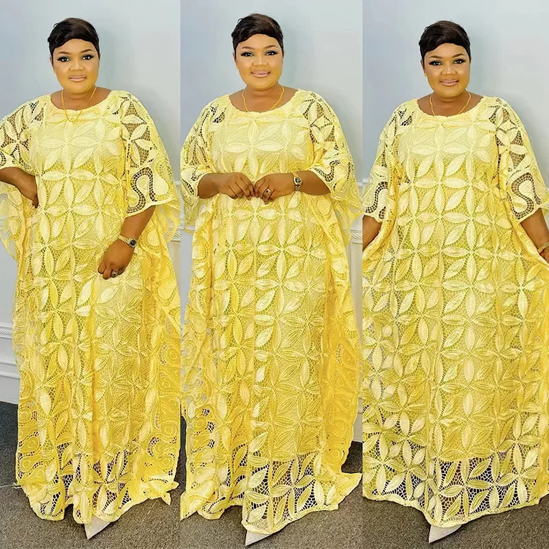 Summer Elegant African Women O-neck Pink Yellow Blue Plus Size Long Dress Lace African Robes Abaya African Dresses for Women