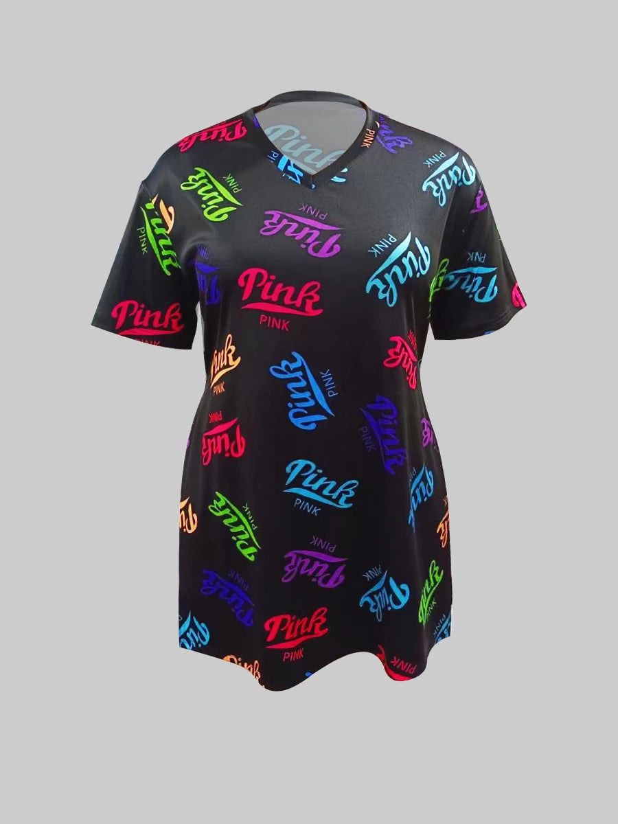Maxy Plus Size 2pcs sets Letter Print Split Shorts Set Summer Women Two Piece Set Pullover Short Sleeve T-Shirt Casual Tracksuit
