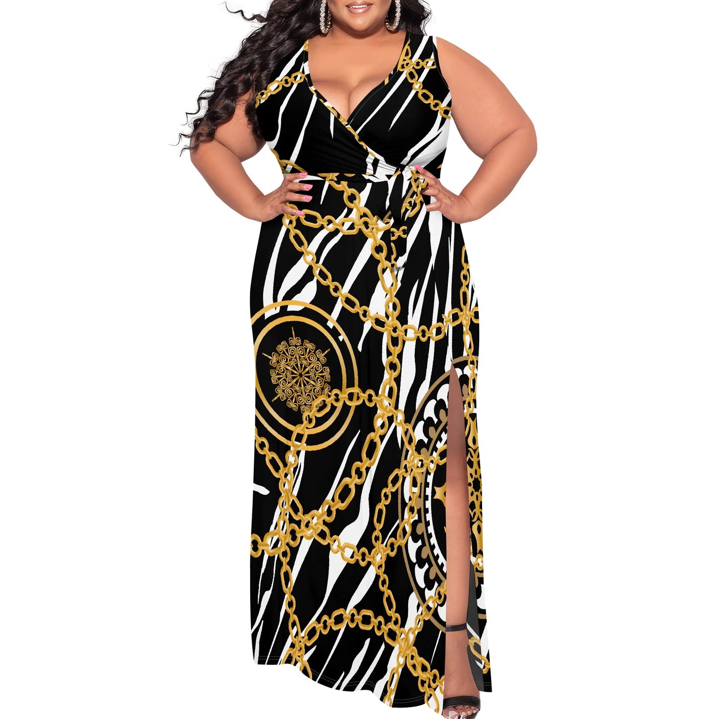 Maxy Plus Size Women's Sexy Casual Dresses for Curvy Women 3D Printed halterneck V Neckline Short Sleeve Loose High Vent Maxy Dress