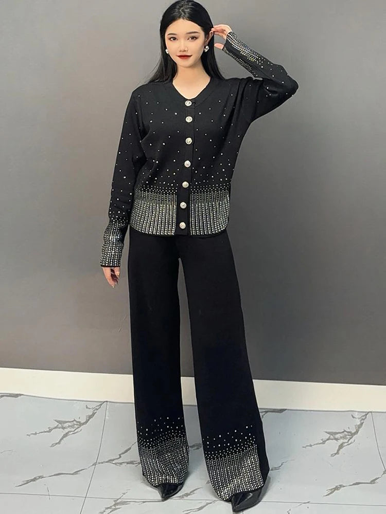 Babs Fashion Knitted Pants Sets Women Round Collar Beading Full Sleeve Tops + Wide Leg Trousers Vintage Style Set 5G270