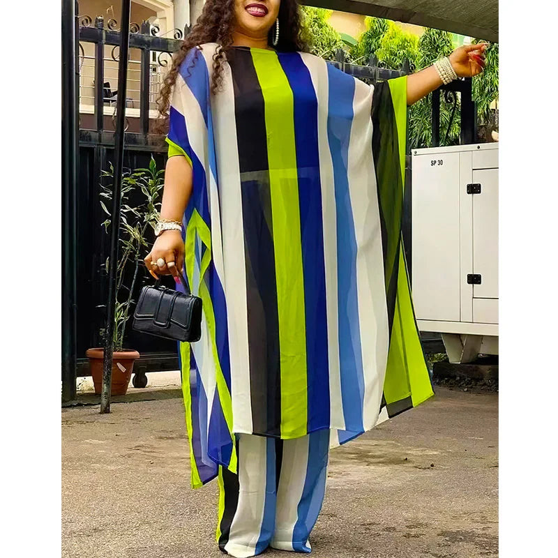 Amay Fashion Pants Set Women Two Piece Sets Fashion Oversize Chiffon 3/4 Sleeve Top And Pants Suit High Street Lady Chic Sets