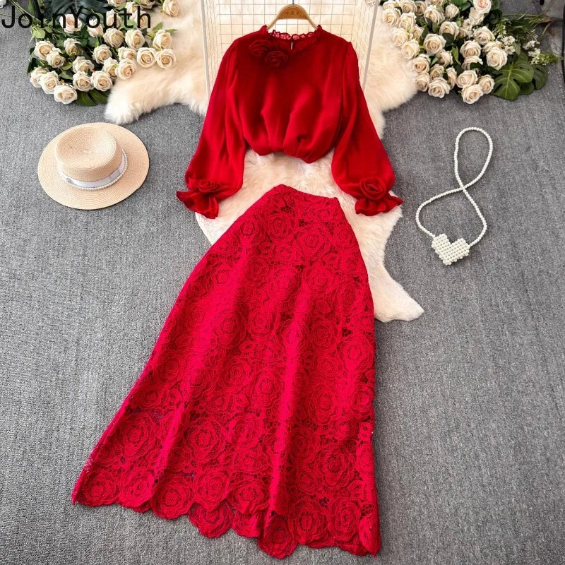 Women 2 Piece Sets Elegant Vintage O-neck 3D Flower Chiffon Shirts Hollow Out Lace Bodycon Skirts Suit Summer Two Piece Set