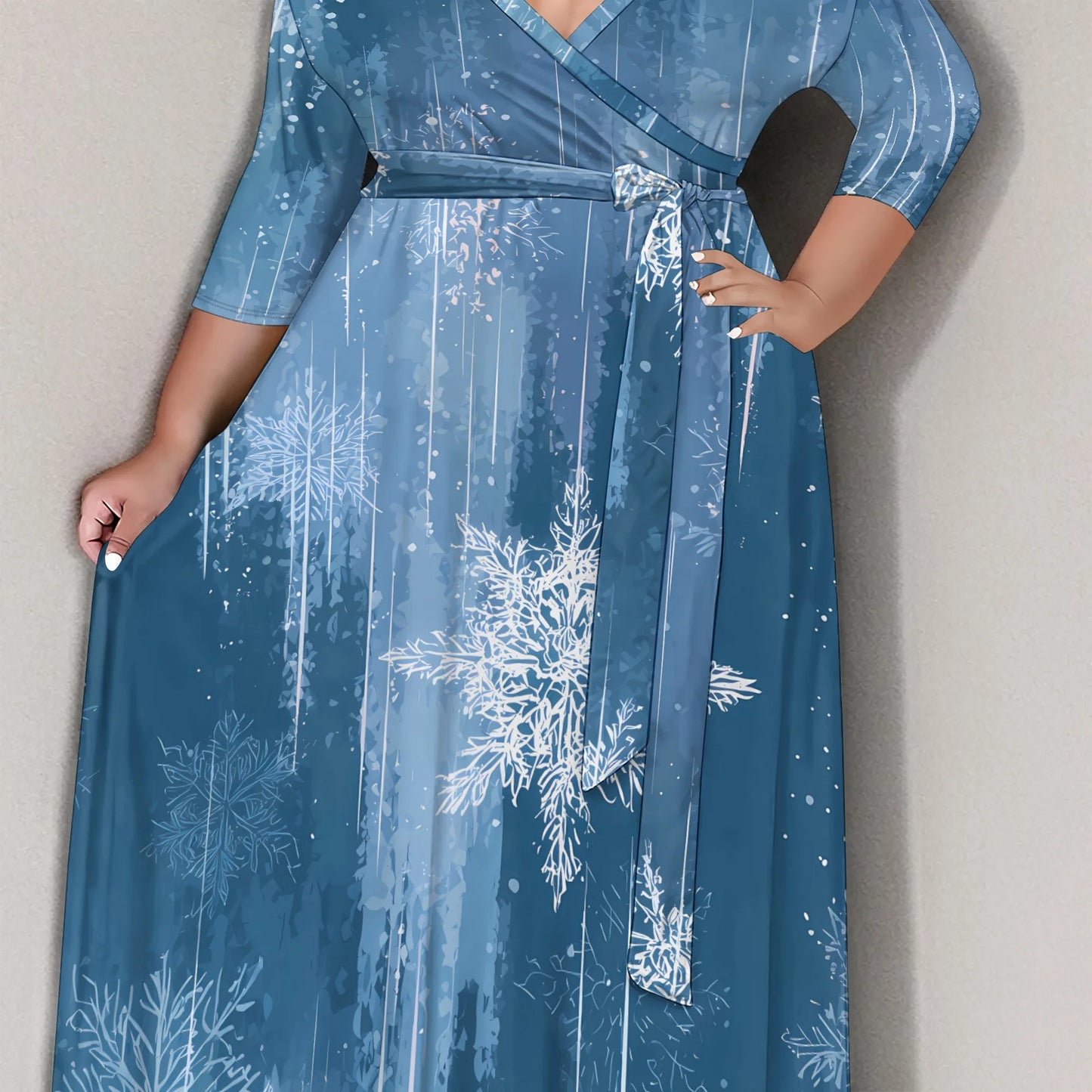 Maxy Plus Size Women's 3/4 Sleeve V-Neck Snowflake Print Wrap Maxy Dress Winter Elegant Party Dress