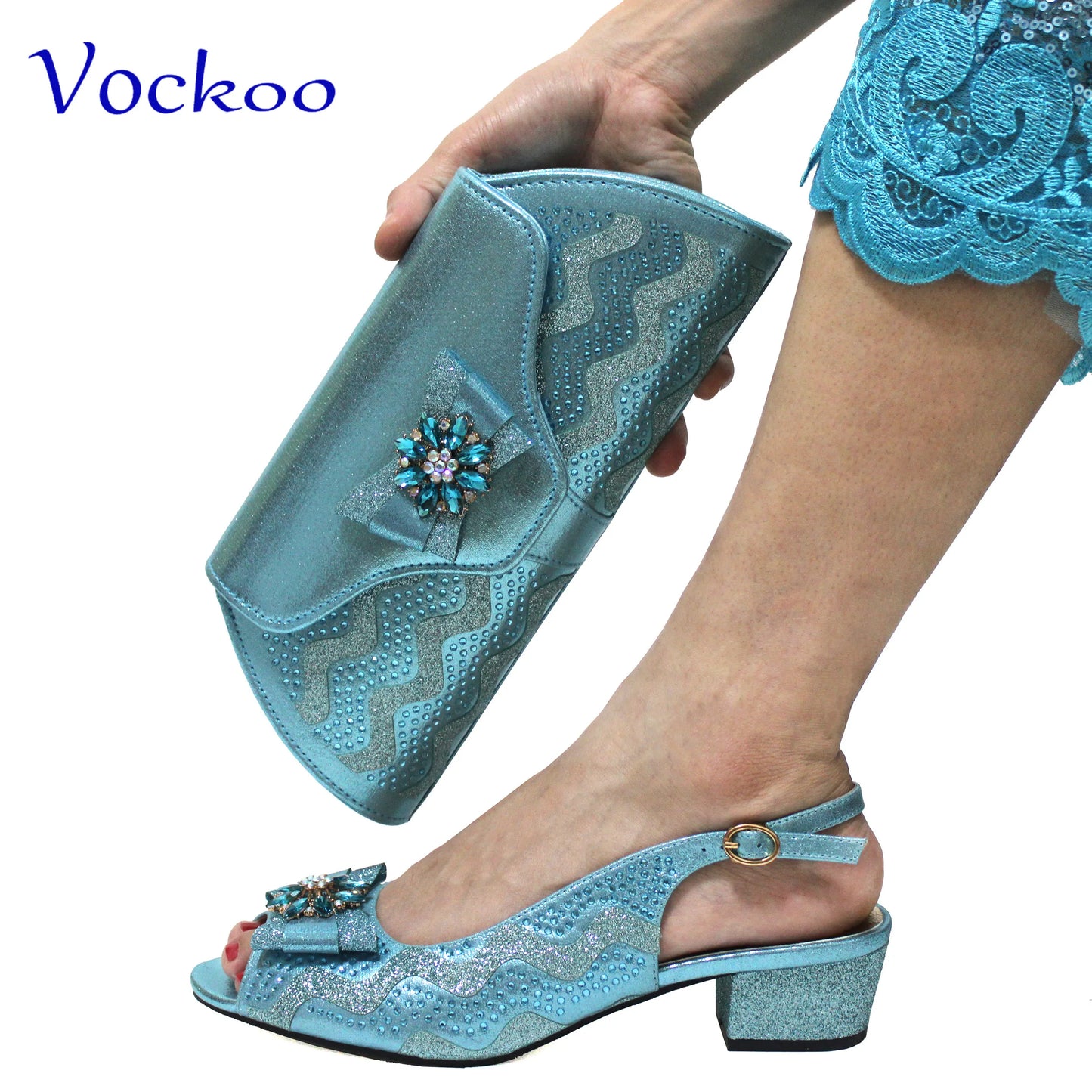 Maxy Elegant Ladies Shoes Matching Bag Set-in Sky-Blue Color Slingbacks Peep Toe Low Heels Fashion New Design Italian for Wedding