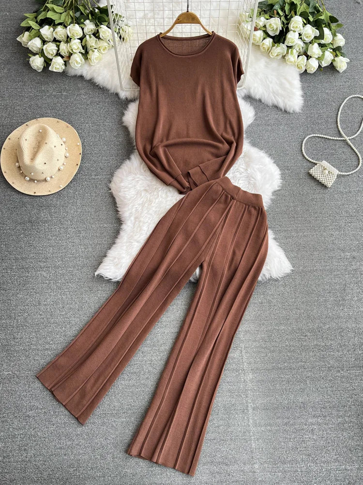 Maxy Fashion Pants Suit Women Korean-style Loose O Neck Knitted T-shirts Tops High Waist Straight Wide-leg Pants Women Two-piece Sets