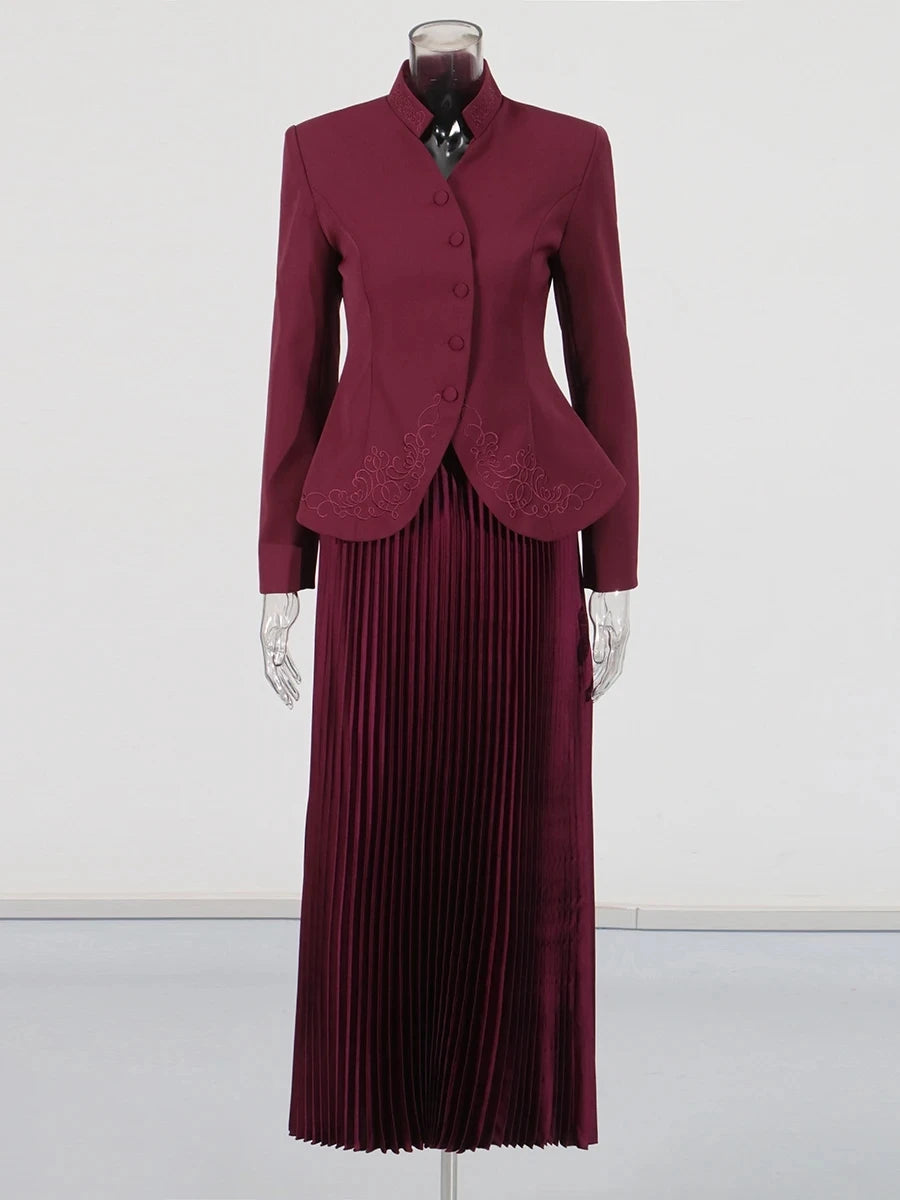 Maxy Solid Elegant Two Piece Set For Women Stand Collar Long Sleeve Spliced Button Tops High Waist Skirt Set Female New