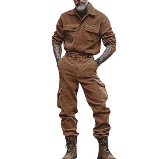 Visco Men's Solid Color Ah Mei Khaki Workwear Clothing Autumn And Winter Fashion Trend Leisure Suit Long-Sleeved Jumpsuit Trousers Men