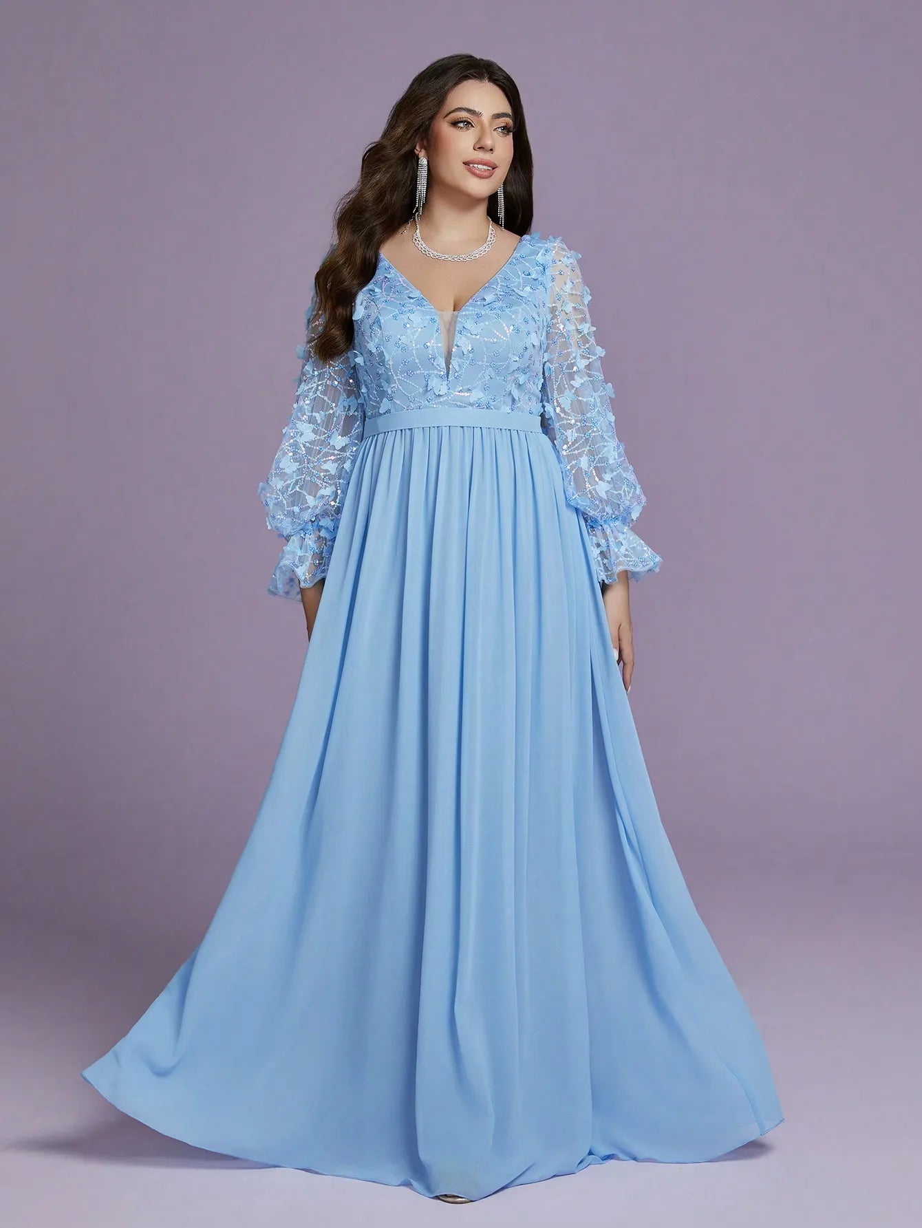 Maxy Mgiacyv-neck flame-patterned butterfly sequined long-sleeved hem pearl chiffon high-end evening dress