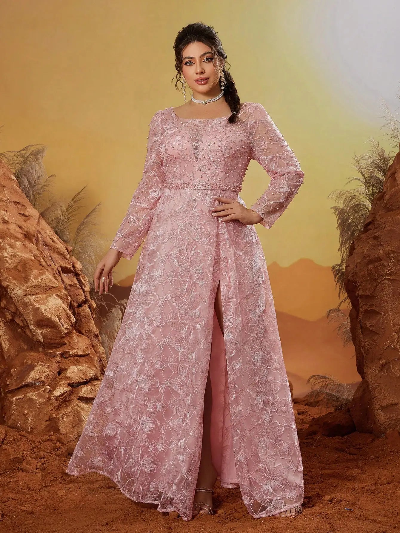 Maxy Andoke round-necked puffed-ball embroidery lace long-sleeved dress with appliquéd trim and side slit