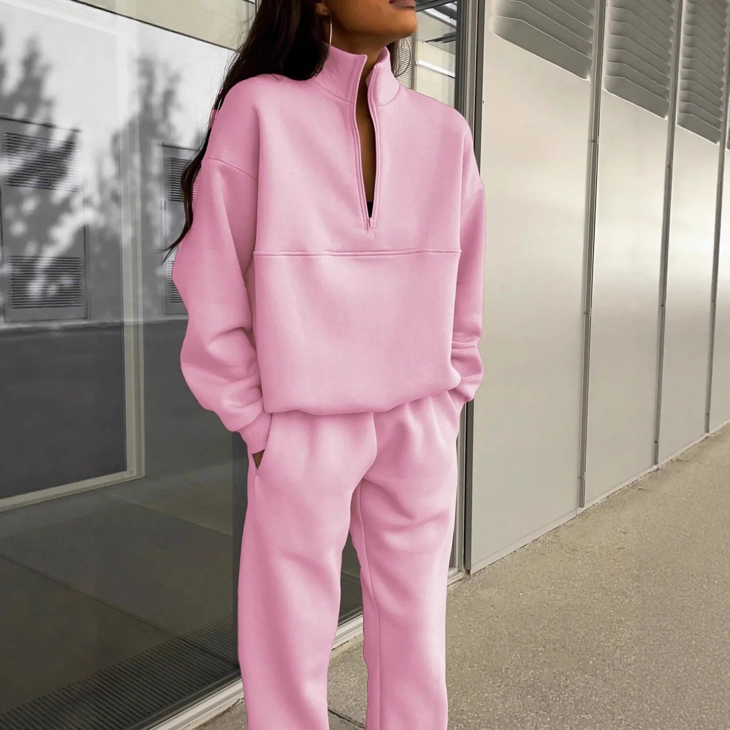 Maxy Women's Tracksuit Suit Autumn Fashion Half Zipper Stand Collar Hoodie Sweatshirts Two Pieces Casual Sportswear Long Pant Sets