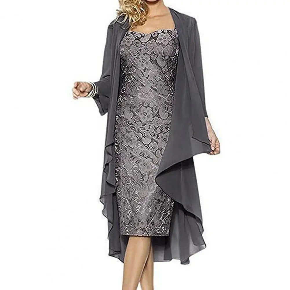 Maxy Formal Dress Set Women Outfit Elegant Flower Pattern Lace Vintage Two Pieces Set Women Knitted Cardigan Dress Banquet