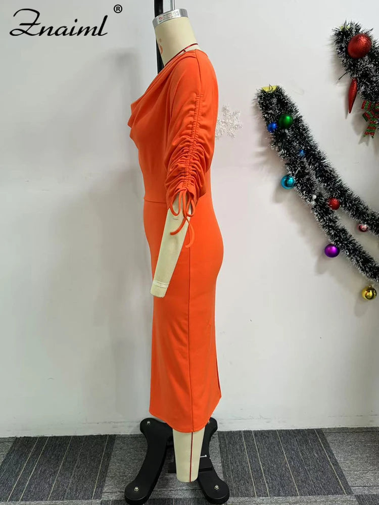 Maxy Elegant Pile Collar Ruched Drawstring Half Sleeve Split Bodycon Orange Pencil Dress Women Birthday Party Club Office Robe