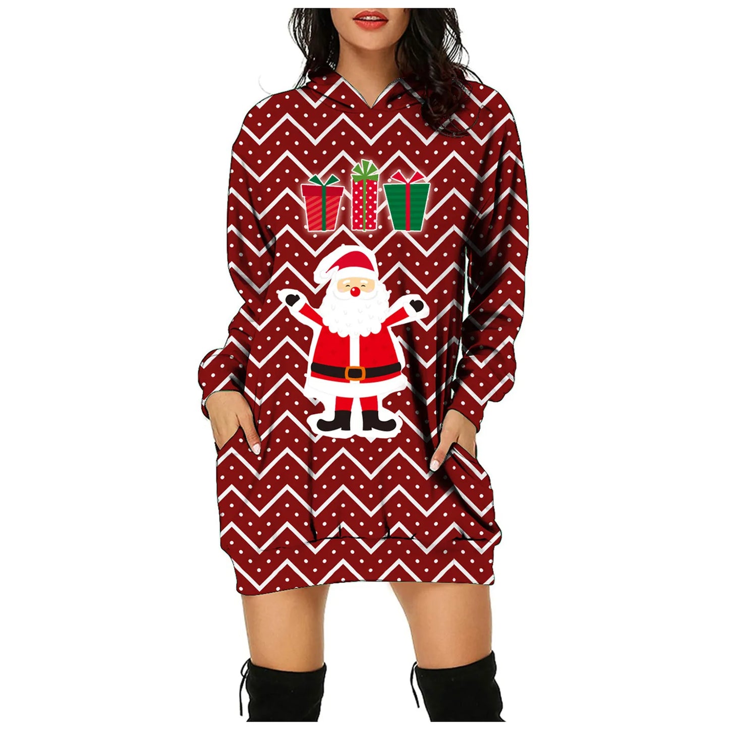 Max Funny Cute Cartoon Christmas Maxy Print Women Dress Autumn Fashion Santa Claus Elk Deer Graphic Long Sleeve Pocket Hooded Sweatshirts