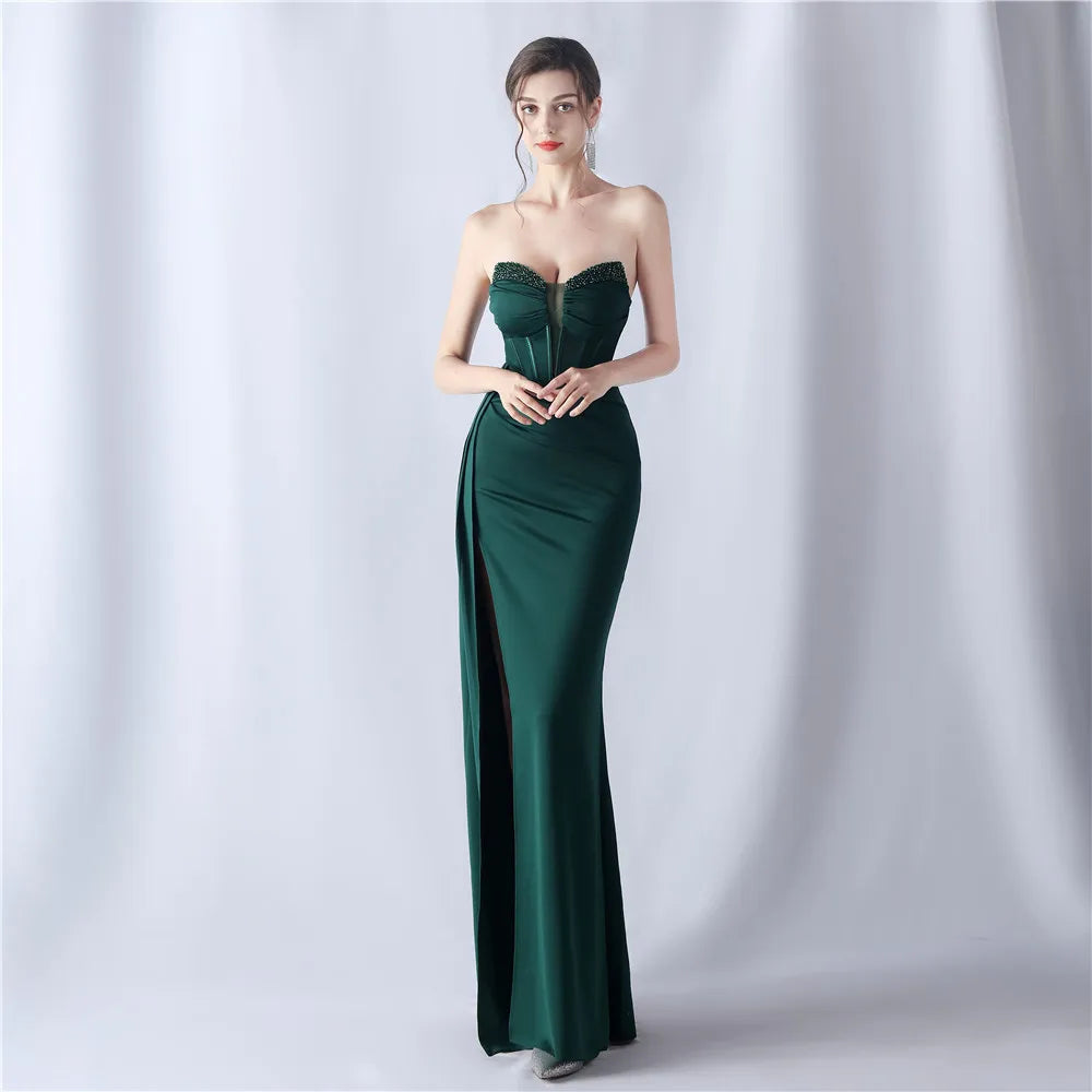 Maxy Stripless High Slit Backless Shaped Fishbone Waist Covering Heavy Industry Beaded High-End Long Prom Evening Dress