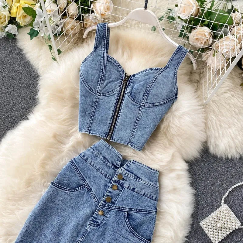 Maxy denim 2 piece set women Korean outfits summer top and skirt two piece set Sexy elegant 2024 fashion midi skirt new in matching