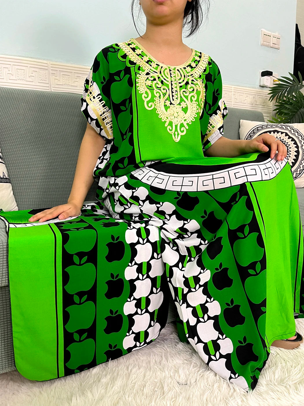Maxy Muslim Cotton Abayas For Women Appliques Printed Caftan Marocaine Femme Robe Boubou African Islam Dresses With Headscarf