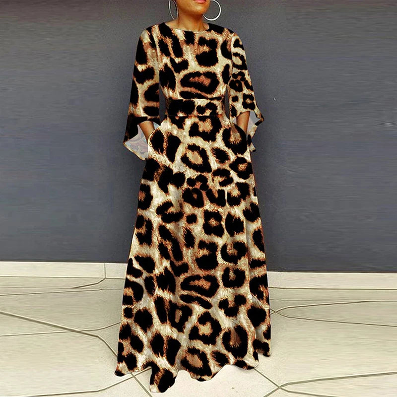 Maxy Vintage Women Party Dress Plus Size O Neck 3/4 Sleeve Leopard Print Maxy Long Dress Boho A-Line Pocket Party Dresses.