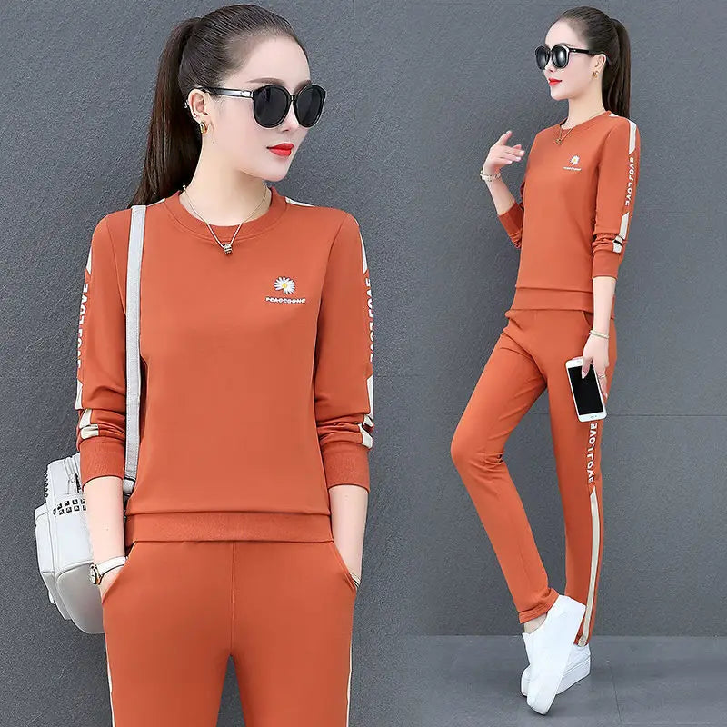 Maxy Summer New Daisy Loose Pants Suit Women's Track Korean Version Splicing Long Sleeved Top and Trousers Two Piece Set