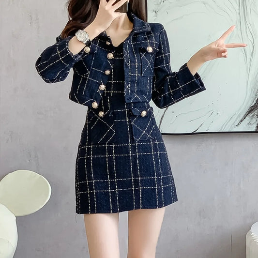 Maxy Chic Plaid Women Two-Piece Sets Slim Metal Single Breasted Jacket Top and Sleeveless V-neck Dress Korean High Street Clothing