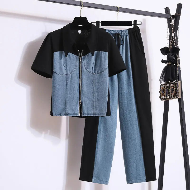 Summer Denim Splice Two-piece Set For Women Collar Jacket Tops And Wide Leg Pants Female Large Size Black White Gray Match Suits