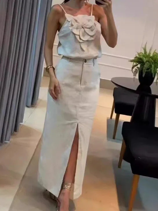 Maxy Skirt Set Women Dress Sets Two Piece Sets Slim Sling Sleeveless Floral Casual Short Tops Mid Length Skirts Elegant Splice Summer