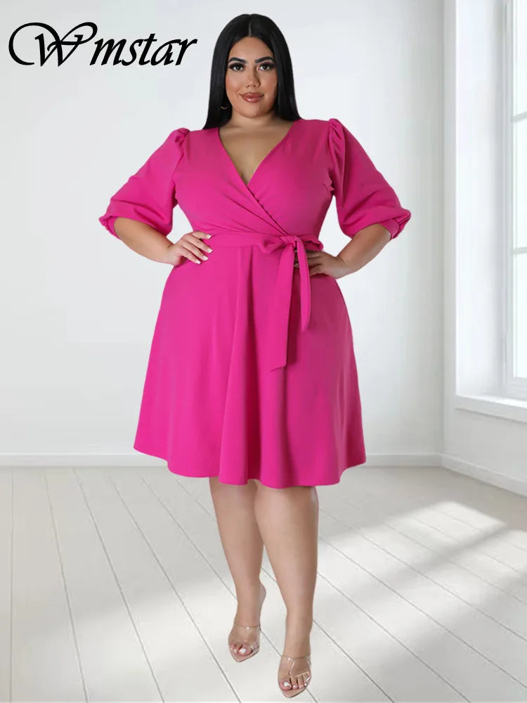 Wmstar Plus Size Dresses for Women Solid V Neck Elegant with Bandage Maxi Dress New In Summer Clothes Wholesale Dropshipping