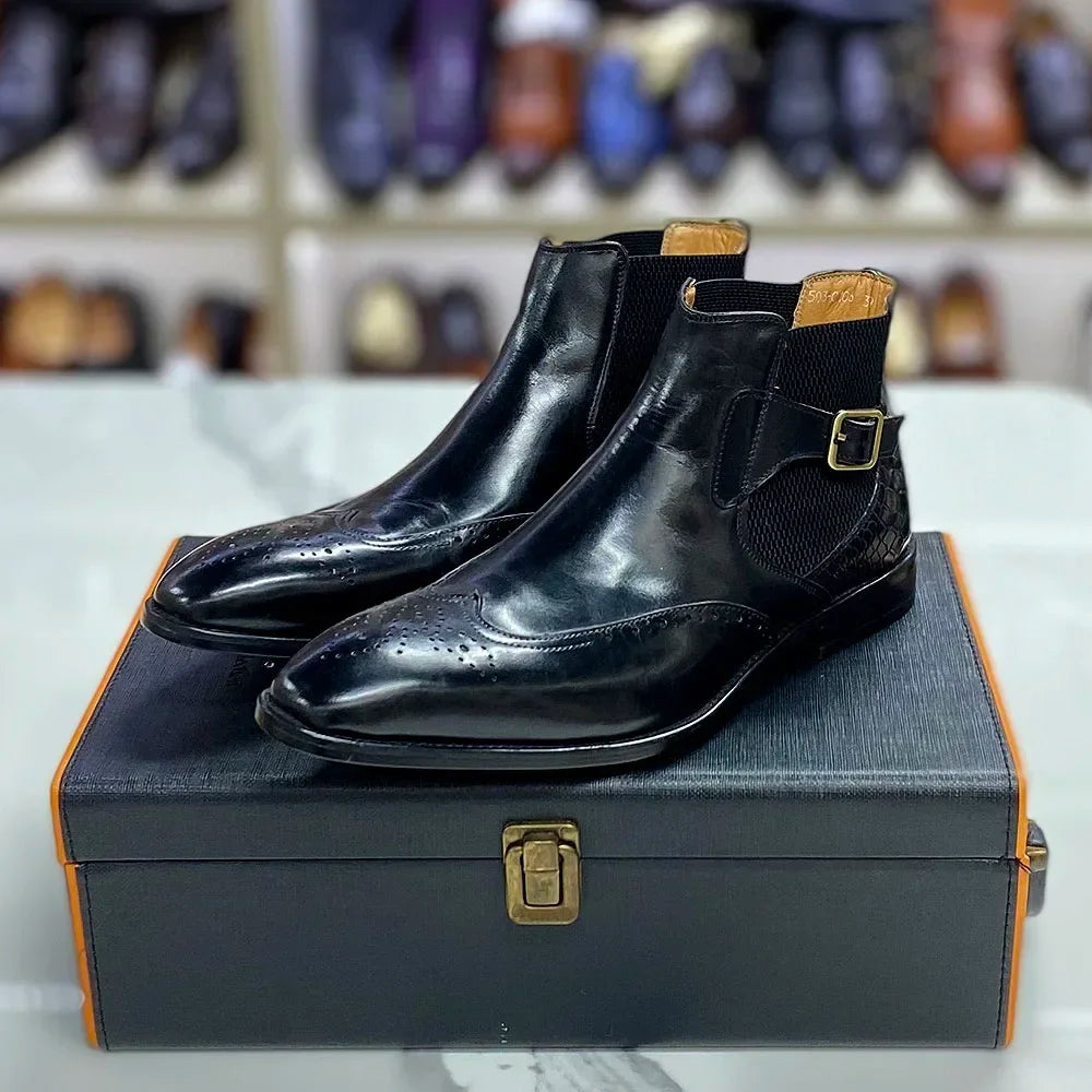 Visco Men's Real Cow Leather Ankle Boots, Slip on Buckle Strap Wing Tip Luxury Design Classic Dress Boots Handmade Basic Shoes for Men