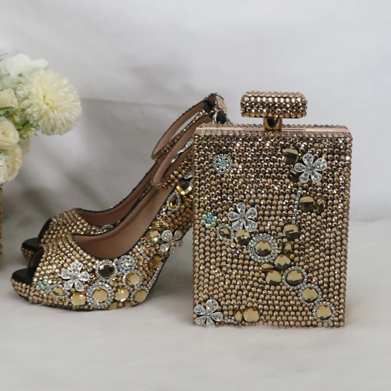 Momsey Peep Toe crystal Woman wedding shoes with matching bags Bridal fashion High Thick heel shoe Women party dress shoes Ankle Strap